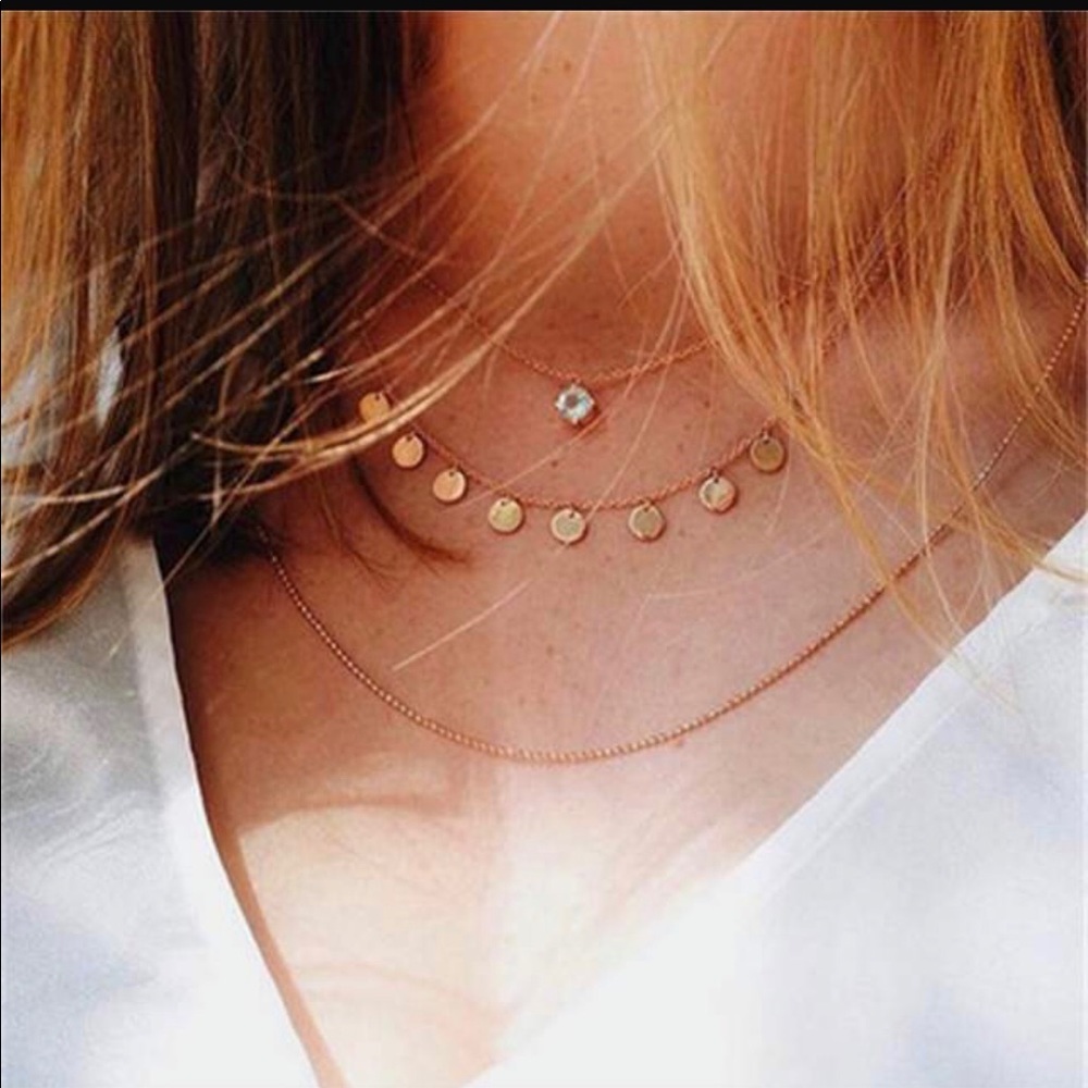 Gold 3 layer gold necklace with diamond stud